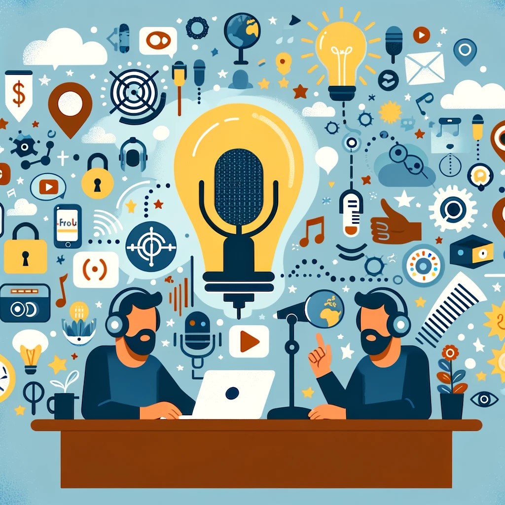 Illustrative image featuring two podcast hosts in a studio setting, with a backdrop of a vibrant collage of icons and symbols representing creativity, communication, and the broad spectrum of podcasting topics, all centered around a glowing light bulb symbolizing inspiration and ideas.