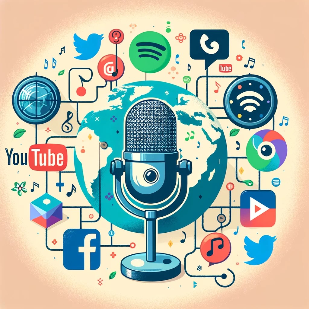 A vibrant and colorful image depicting a podcast microphone at the center of a global network, surrounded by icons of various social media and streaming platforms such as Twitter, Spotify, TikTok, YouTube, and Facebook, illustrating the wide distribution and sharing of podcast content across the digital landscape.