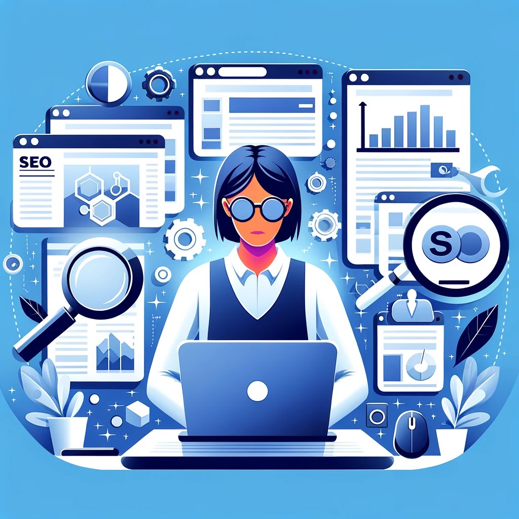 An illustration depicting a person as an SEO (Search Engine Optimizer), surrounded by elements of their work. The image features a professional, focused individual with a laptop displaying search engine pages, analytical graphs, and a magnifying glass.
