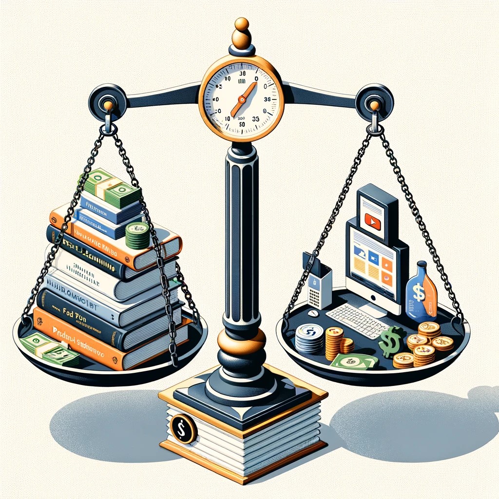 A metaphorical illustration showing the varying costs of SEO. The image features a scale balancing free resources like books and a computer with educational websites on one side, and elements like dollar bills and premium software on the other.