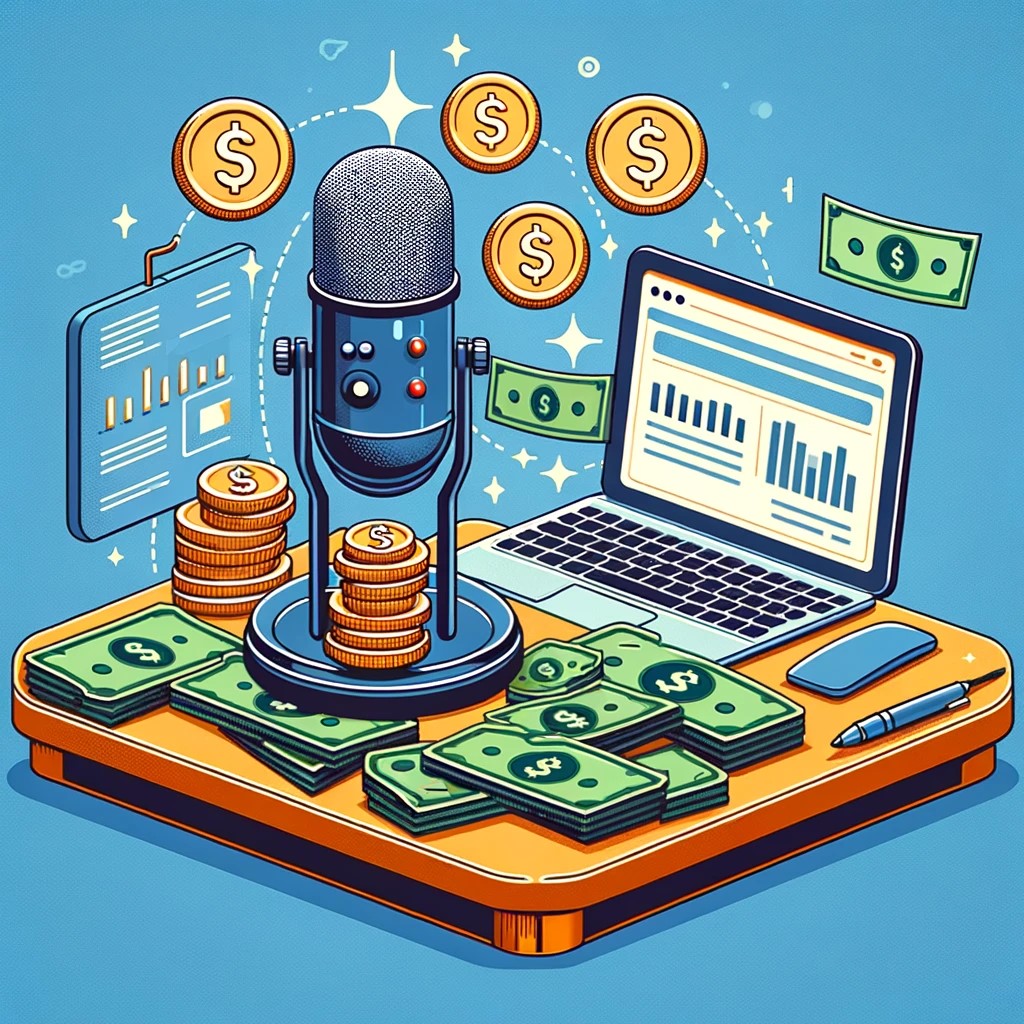 Image showing a podcast microphone, piles of coins and dollar bills, and a computer on a desktop, symbolizing podcast monetization through content creation and direct revenue sources.