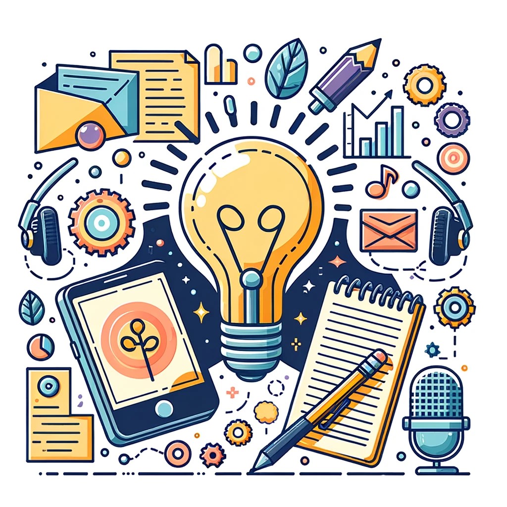 Graphic depicting brainstorming for podcast topics, featuring a lightbulb for ideas, a notepad for planning, and a microphone, symbolizing the creative and strategic process in deciding podcast content.