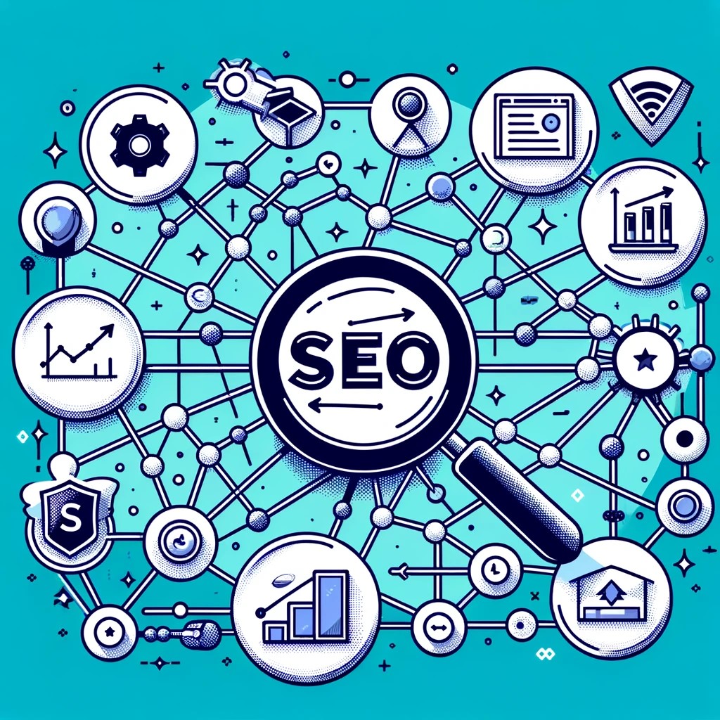 A design symbolizing the integration of various SEO strategy elements. The image shows a web of interconnected lines linking different SEO aspects, including keyword icons, a backlink chain, and on-site optimization, with a magnifying glass focusing on search intent.