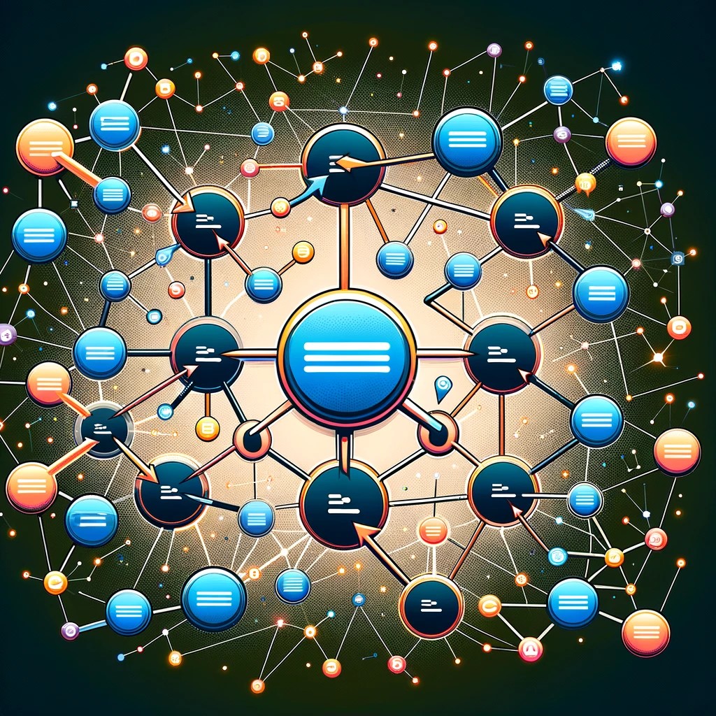 An illustration depicting the concept of backlinks in SEO. The image shows a network of interconnected nodes, where each node symbolizes a website. Arrows between these nodes represent the backlinks, with some nodes being larger or more prominent to indicate authoritative websites. The style is abstract and digital, reflecting the interconnected nature of backlinks in the digital marketing landscape.