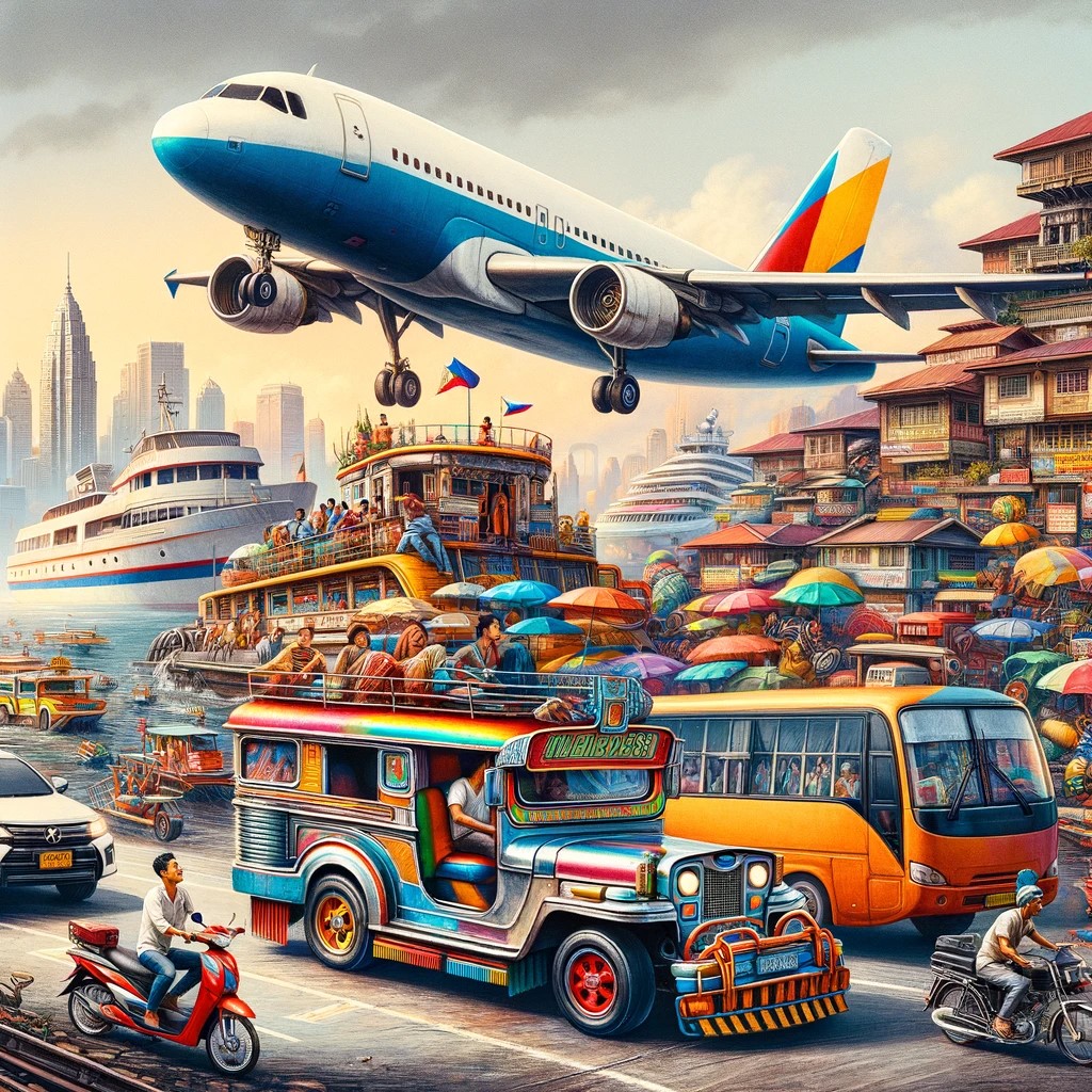 Un collage mostrando varios medios de transporte en Filipinas: un jeepney colorido, un triciclo, un ferry y un avión. La escena, llena de actividad, refleja el dinamismo y la variedad en las opciones de transporte en el país.
