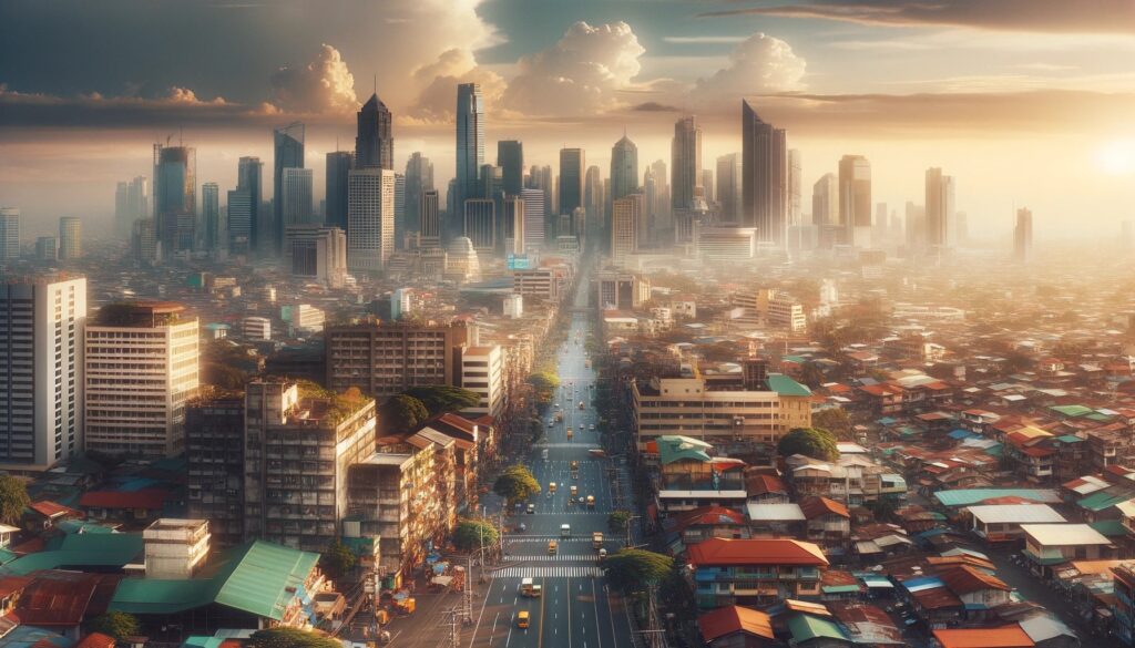 Vista panorámica de Manila, mostrando su impresionante skyline con edificios modernos y una escena urbana llena de vida.