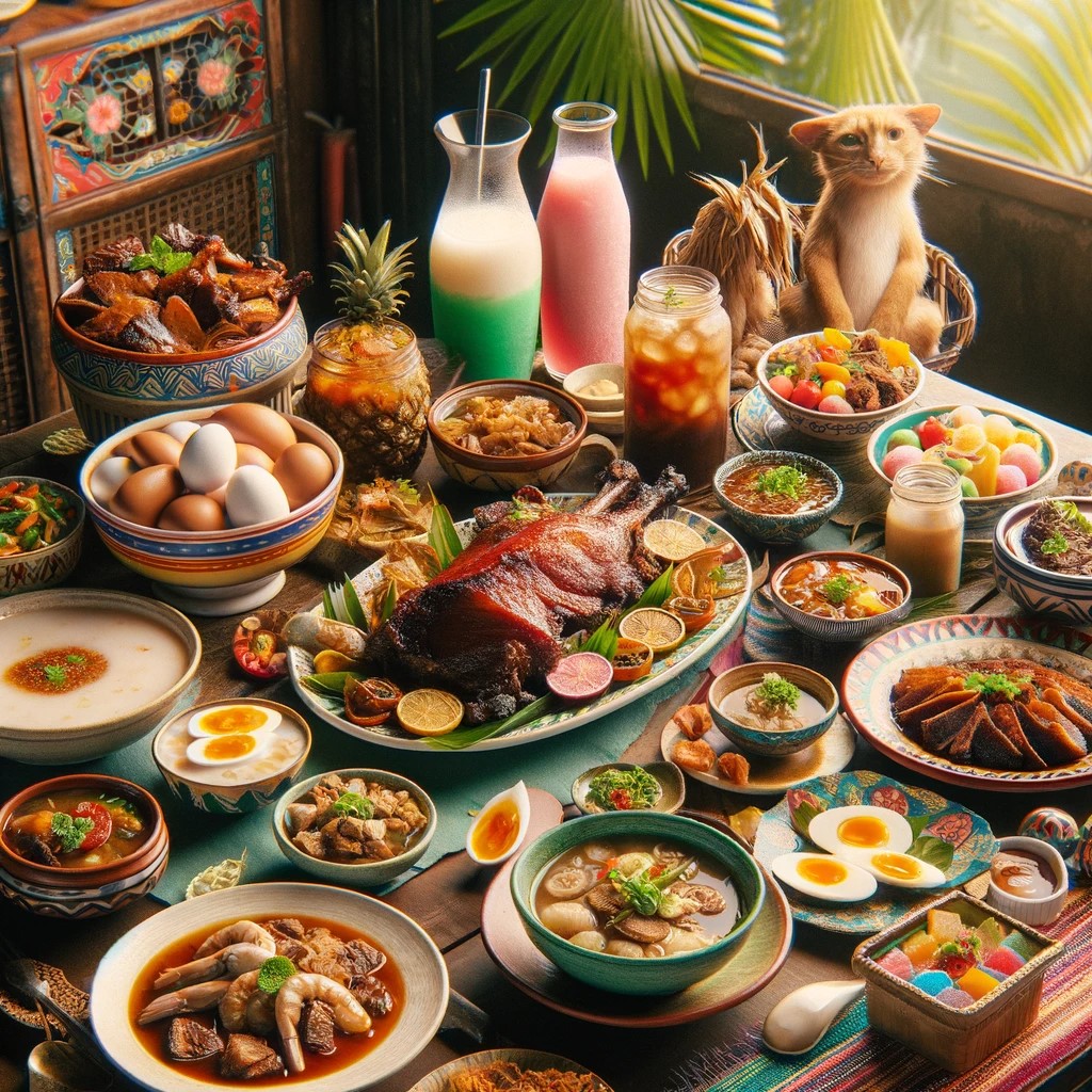 Variedad de platos tradicionales de Filipinas en una mesa, incluyendo adobo, sinigang, lechón y halo-halo, presentados en un entorno tropical y casual, capturando la esencia de la gastronomía filipina.