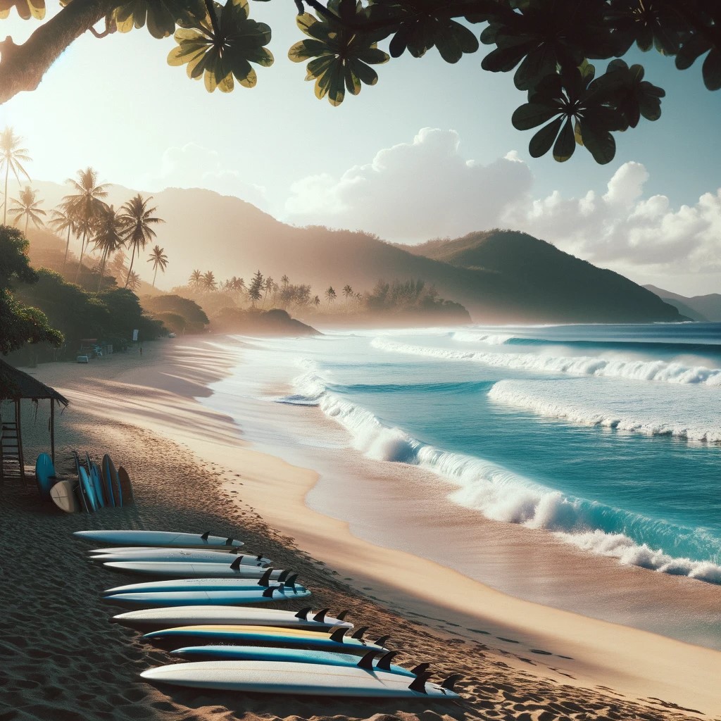 Una playa tranquila y hermosa en Filipinas, con aguas cristalinas y olas suaves, ideal para el surf. La escena muestra un día soleado con varias tablas de surf alineadas en la playa, evocando la esencia de un paraíso tropical perfecto para los aficionados al surf.