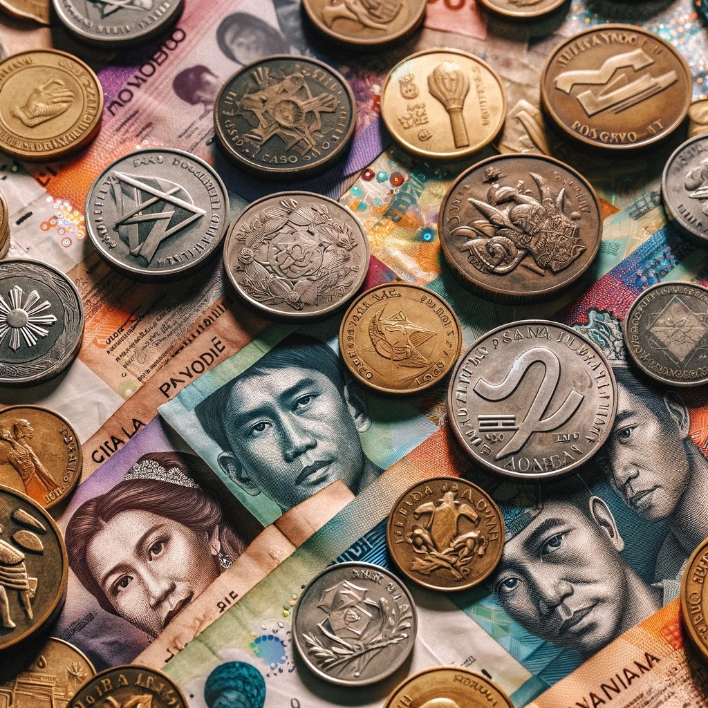 Moneda filipina en diferentes denominaciones, mostrando una variedad de billetes y monedas del peso filipino, con colores, símbolos y figuras distintivas en cada uno.