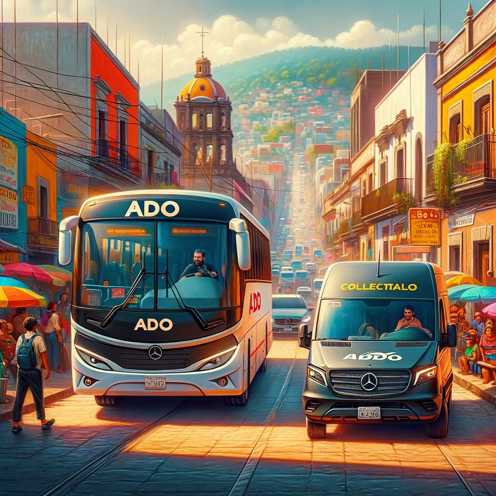 Une scène de rue vibrante au Mexique montrant à la fois un autobus ADO et une minivan collective. L'autobus ADO est grand et confortable, avec le logo de la compagnie en évidence, tandis que le colectivo est une minivan Mercedes Sprinter plus petite. Les deux sont représentés dans un cadre urbain mexicain. L'ambiance est animée, avec des gens montant et descendant des véhicules, et l'arrière-plan montre un paysage urbain mexicain typique plein de vie avec des bâtiments colorés, des vendeurs ambulants et des résidents locaux dans leur vie quotidienne.