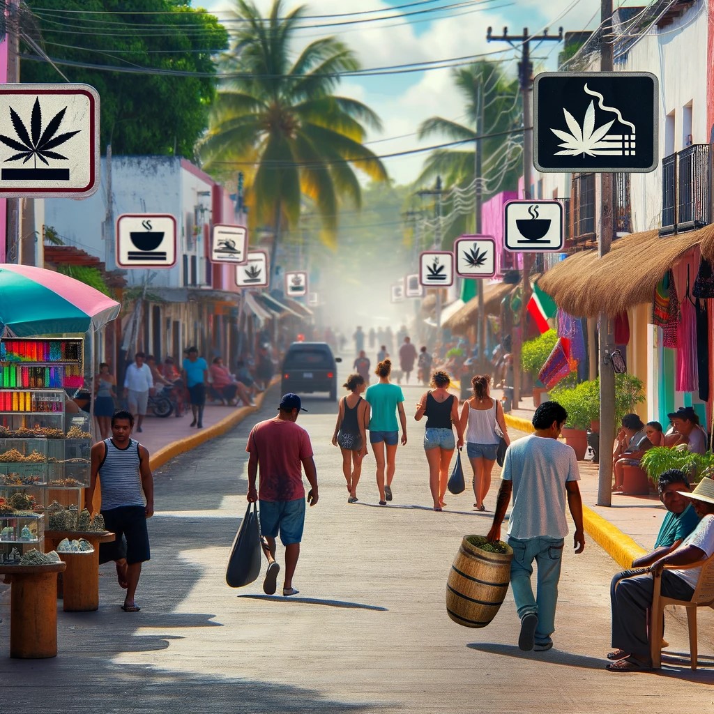 Une scène discrète dans une zone touristique du Mexique, indiquant subtilement la tolérance envers la marijuana. L'image montre une rue mexicaine animée et colorée avec des touristes et des vendeurs locaux. Des indices subtils de vente de marijuana sont inclus, tels que de petits panneaux ou symboles discrets, qui ne sont pas trop proéminents, soulignant l'approche détendue mais prudente de sa vente. L'atmosphère est vibrante et culturellement riche, montrant l'esprit animé d'une destination touristique mexicaine, sans se concentrer explicitement sur la marijuana.