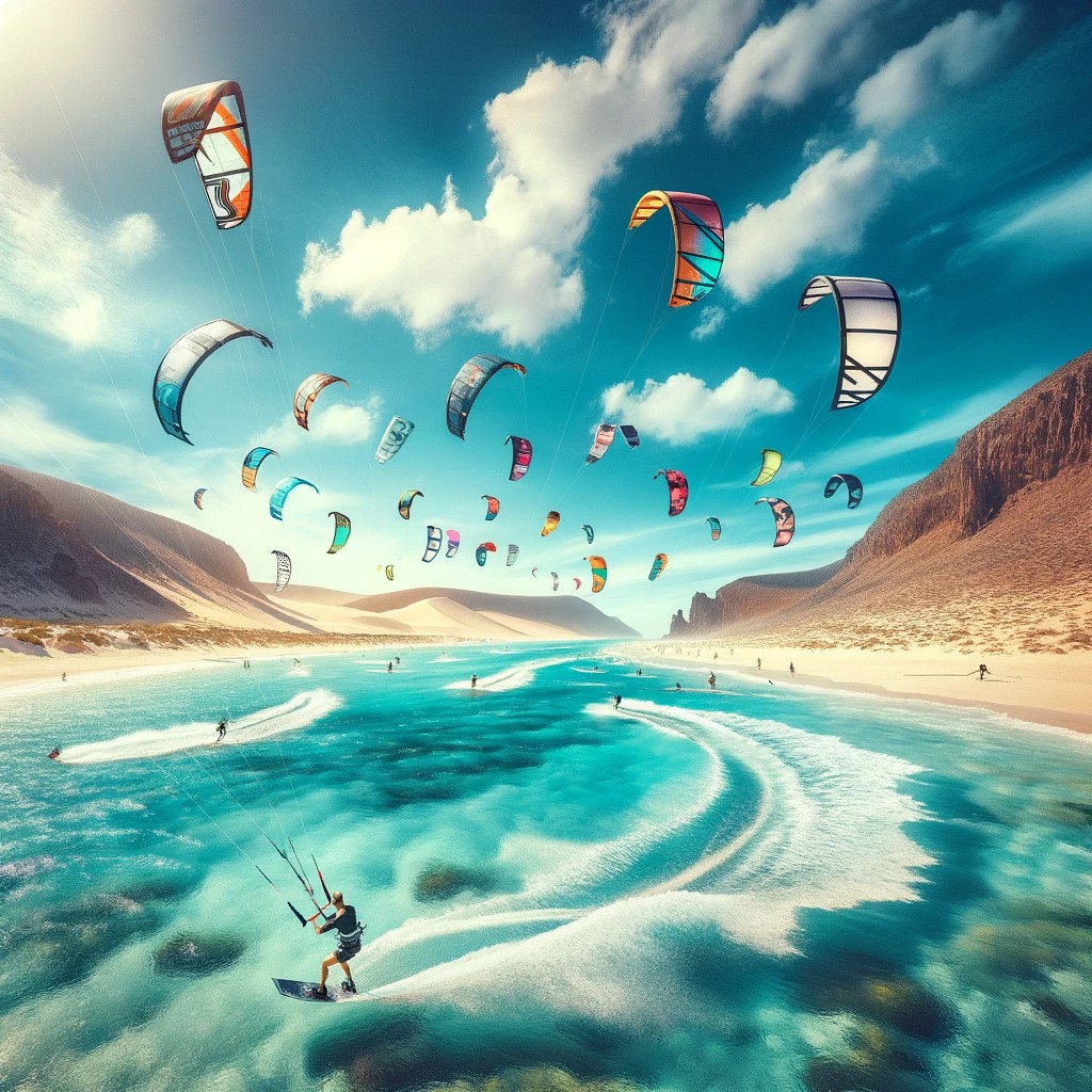 Une scène impressionnante de kitesurf à La Ventana, Basse-Californie du Sud, au Mexique. L'image montre des kitesurfeurs glissant sur des eaux cristallines sous un ciel bleu éclatant, avec des cerfs-volants colorés remplissant l'air. L'arrière-plan met en évidence le paysage naturel impressionnant de la Basse-Californie du Sud, avec ses plages vierges et sa côte accidentée. La scène capture l'excitation et la beauté du kitesurf dans l'une des principales destinations du Mexique pour ce sport, soulignant les conditions parfaites pour les sports de vent et d'eau.
