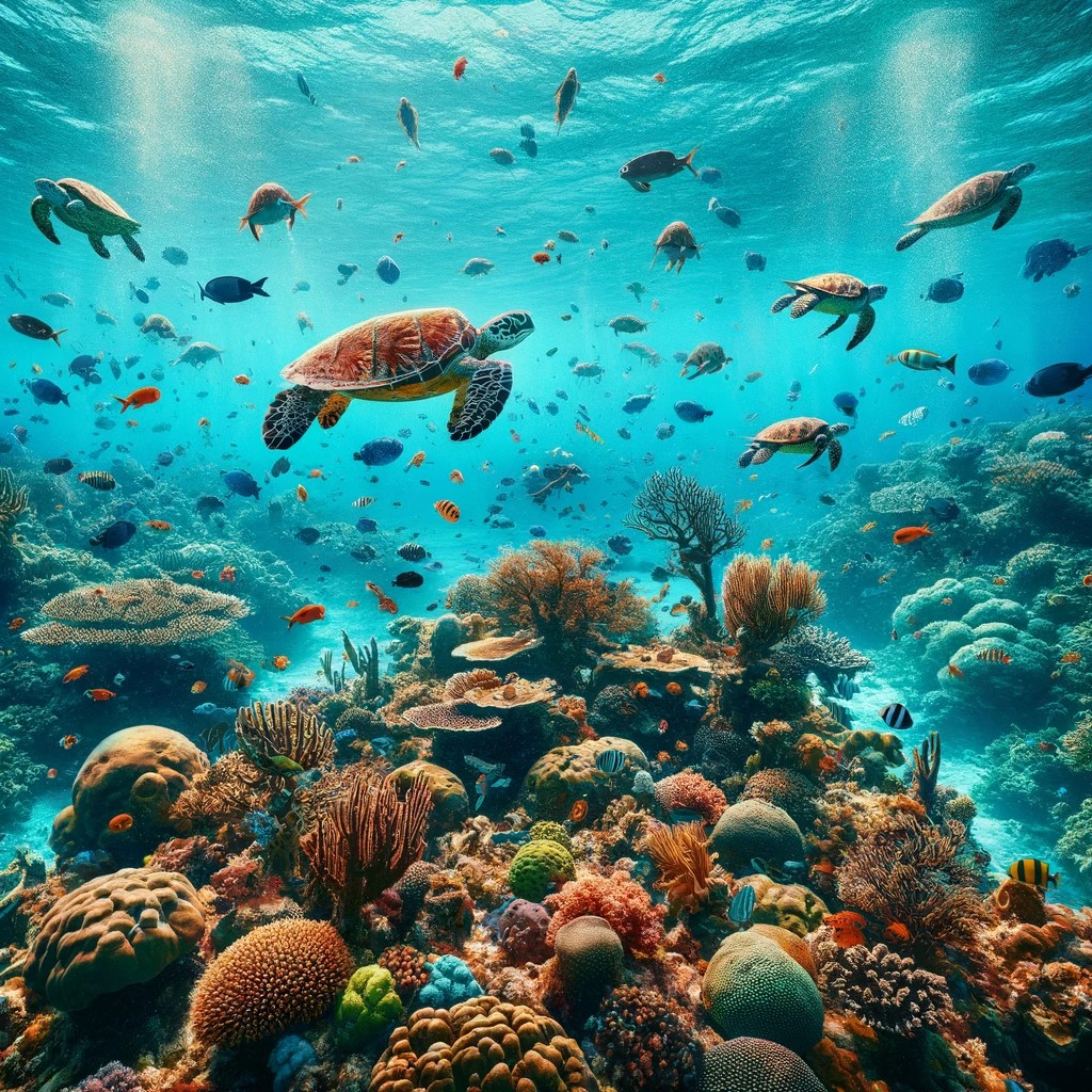Une scène sous-marine à Cozumel, au Mexique, montrant l'impressionnant récif de corail et la diversité de la vie marine. L'image montre des eaux turquoise claires avec un récif de corail vibrant, débordant de poissons colorés, de tortues marines et d'autres créatures marines. La scène est remplie de la beauté du monde sous-marin, capturant l'essence de la plongée dans l'un des lieux les plus renommés du Mexique pour sa biodiversité sous-marine extraordinaire et sa claire visibilité.