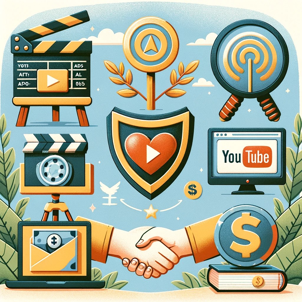 A tap with a play button symbolizing YouTube ads.
Intertwined hands representing affiliate marketing.
A heart inside a shield, representing Patreon or YouTube memberships.
A handshake, symbolizing sponsorships.
A book with a digital download arrow, representing eBooks.
A web page design with a dollar sign, representing AdSense or ads on your website.