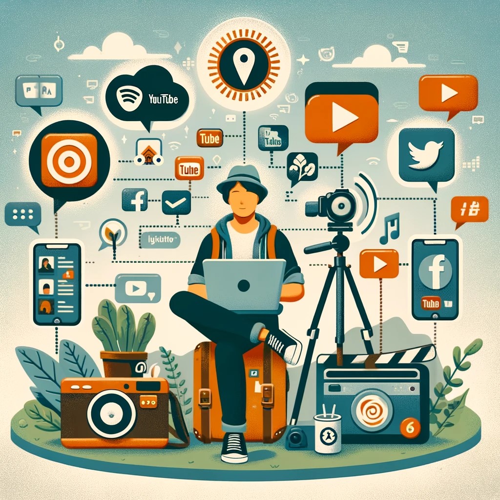 In the center, a travel blogger is depicted in a relaxed environment, working on his laptop.
Around him, there are several icons representing the different stages and platforms of content distribution:
A live broadcast icon symbolizing the recording of live podcasts.
YouTube, Spotify and Apple Podcasts logos to represent podcast downloads.
Speech bubbles with social network symbols (Twitter, LinkedIn, YouTube) for clip distribution.
A smartphone showing short video clips for platforms such as Instagram, TikTok and Facebook.