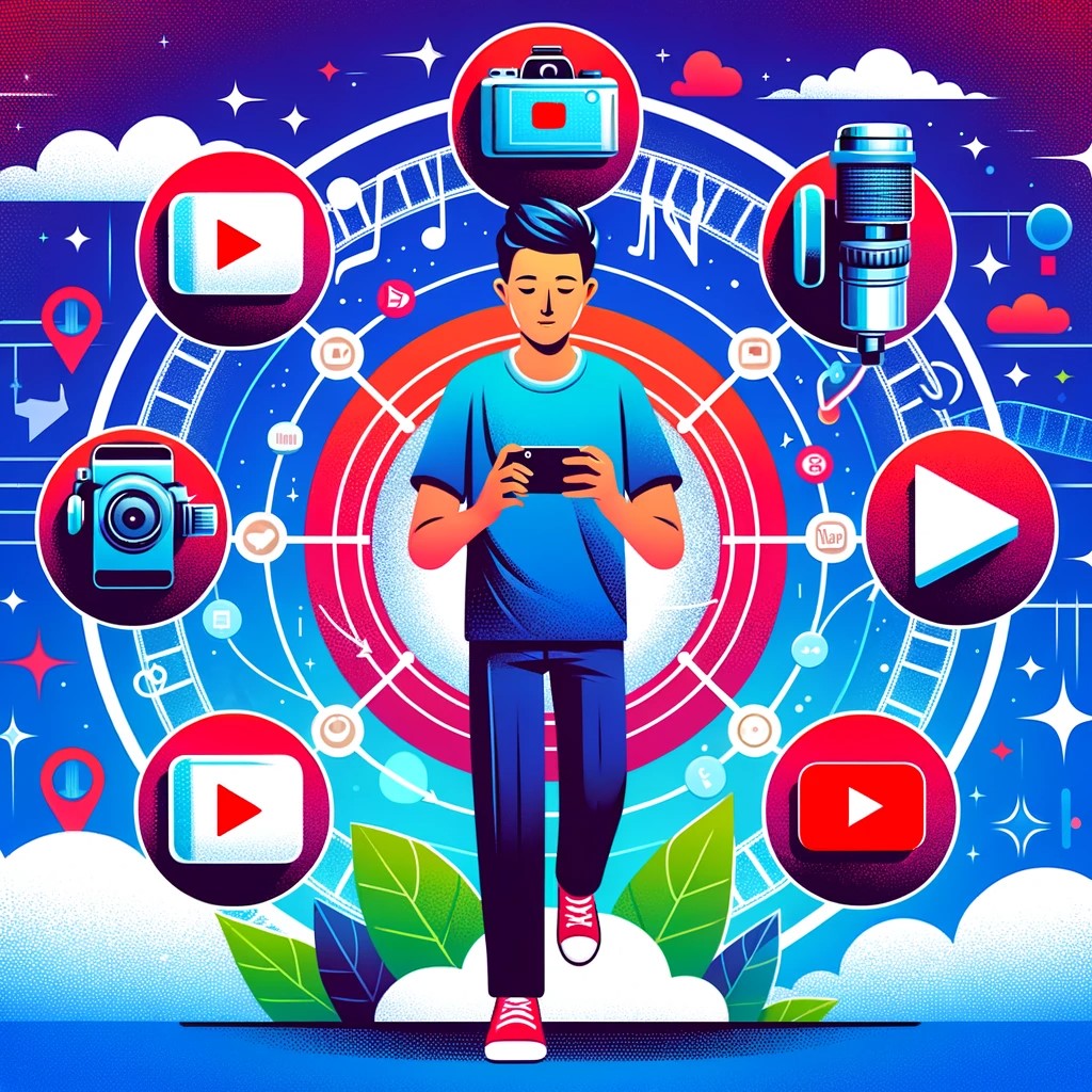 In the center, a travel blogger is shown using a smartphone to record a video.
Around this figure, there are several icons indicating the steps involved in creating ads:
A simple video camera icon, symbolizing recording with a phone.
A basic video editing icon, indicating the simplicity of editing.
The YouTube logo, representing video upload.
The AdWords logo, symbolizing the ad distribution process.