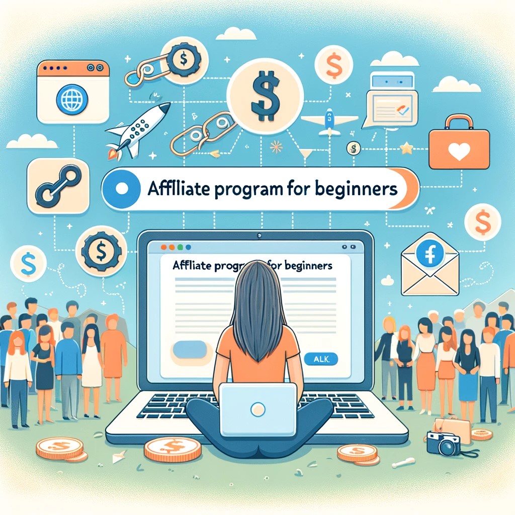 The image shows a travel blogger with a laptop open to a search page for "Affiliate Programs for Beginners." Around him, there are icons representing affiliate links, an audience, social media icons, and symbols of potential earnings, all on a light and welcoming background that represents the exciting and accessible nature of starting in affiliate marketing.
