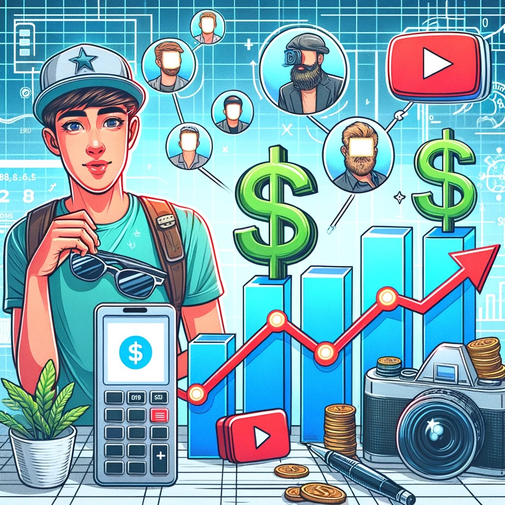 The image shows a travel blogger surrounded by various elements: the YouTube logo, a calculator and dollar signs, a bar graph with increasing values, and icons of top YouTubers, symbolizing the high end of the sponsorship scale. The modern and digital background suggests the dynamic and lucrative nature of YouTube sponsorships.
