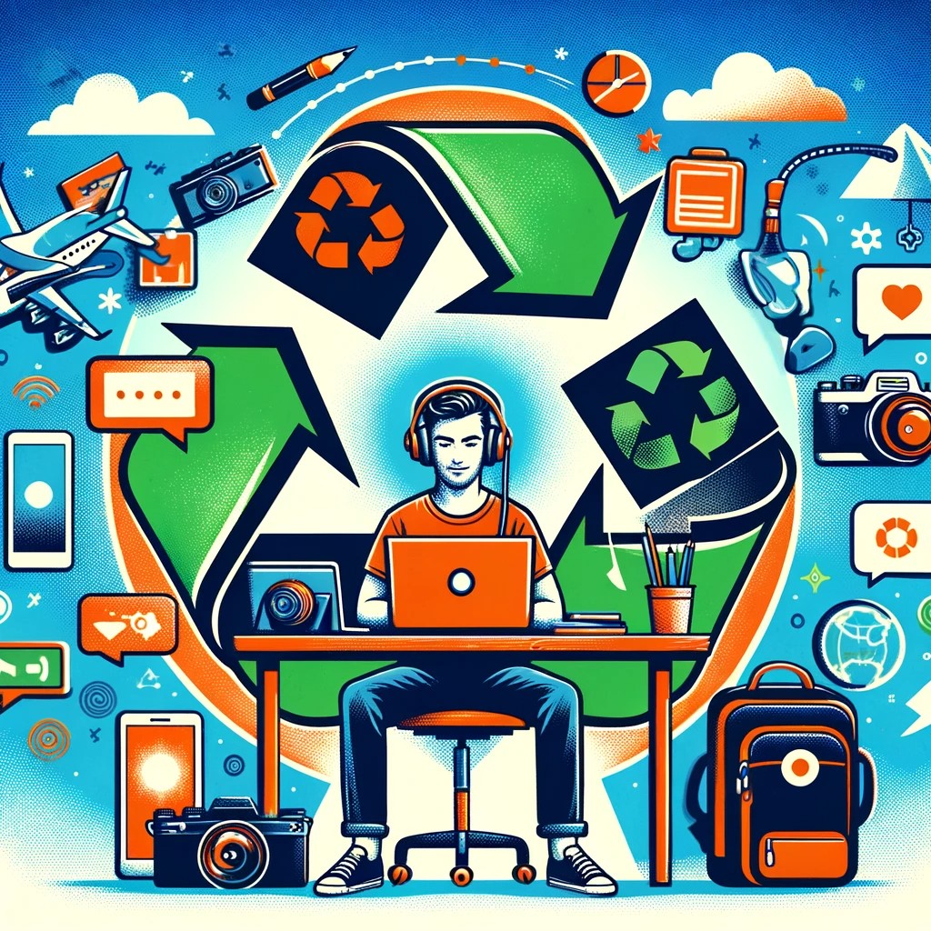 The image shows a travel blogger at a desk with various devices, surrounded by symbols representing different content formats: a recycling symbol, dialogue bubbles transforming into text, a camera turning into a video clip, and a megaphone, symbolizing reaching the audience with repurposed content. The bright and appealing background suggests creativity and adaptability in content creation.