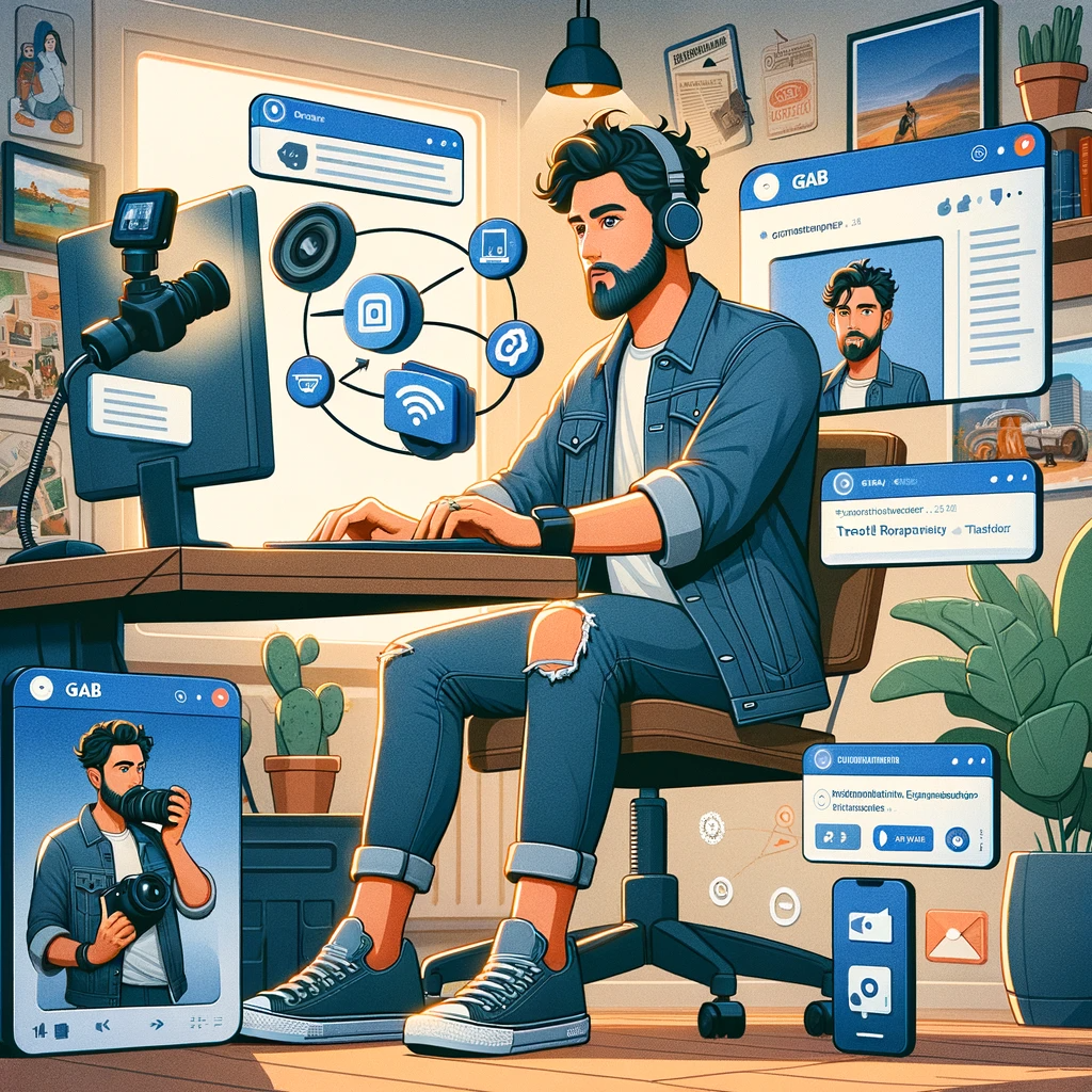 Muestra a un personaje en un ambiente de oficina en casa, rodeado de pantallas que muestran las diferentes etapas del proceso, desde la grabación del podcast hasta la distribución en redes sociales.