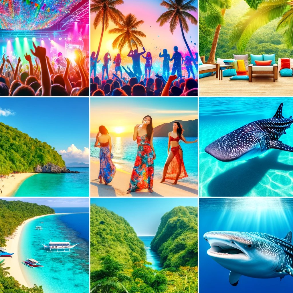 L'image est un collage montrant la diversité des attractions aux Philippines, des fêtes de plage animées aux scènes sous-marines avec des requins-baleines, reflétant la variété des expériences que le pays a à offrir.
