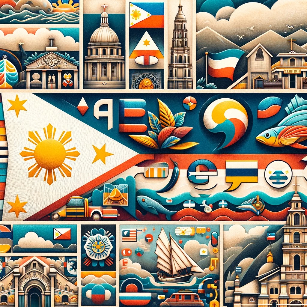 L'image est un collage qui traduit visuellement le mélange de langues et de cultures aux Philippines, avec des éléments tels que le drapeau philippin, des symboles tagalog et anglais, et des allusions à l'influence espagnole.