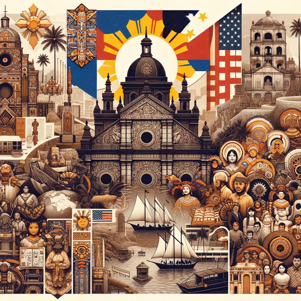 Cette image est un collage illustrant les influences historiques aux Philippines, allant de l'architecture coloniale espagnole aux symboles de l'influence américaine, en passant par des éléments reflétant la diversité ethnique du pays.