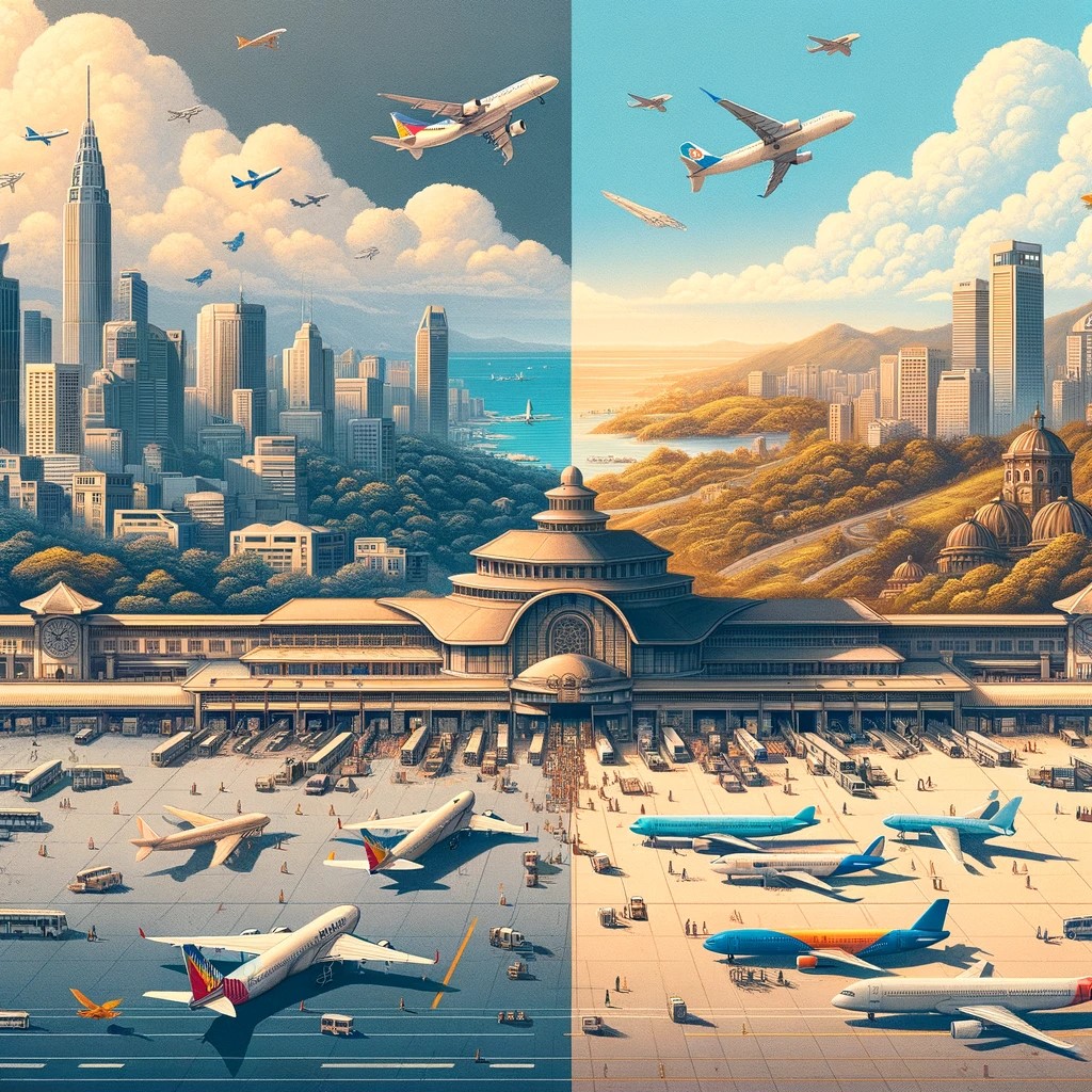 L'image est un collage qui montre visuellement les deux principaux aéroports des Philippines : l'aéroport international Ninoy Aquino de Manille, très fréquenté, et l'aéroport international Clark, plus calme.