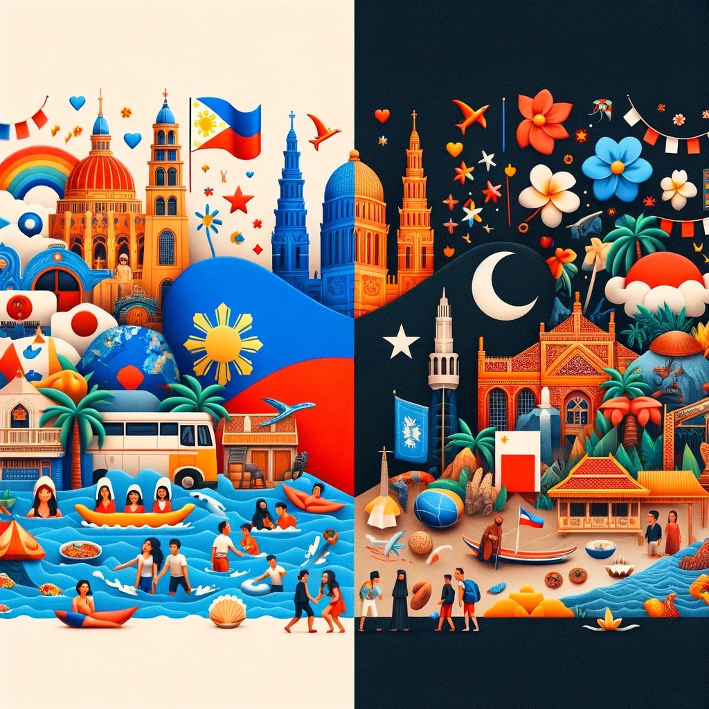 Cette image est un collage illustrant la comparaison entre les deux destinations, montrant les aspects culturels et de divertissement qui distinguent les Philippines et l'Indonésie.
