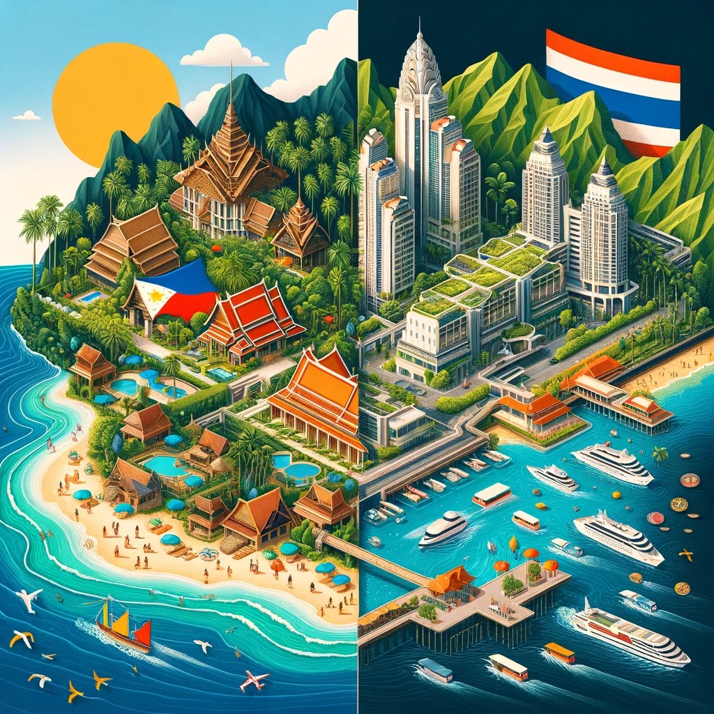 Cette image est un collage qui illustre visuellement la comparaison entre les deux destinations, montrant les plages et la nature des Philippines en contraste avec les hôtels et les attractions touristiques de la Thaïlande.