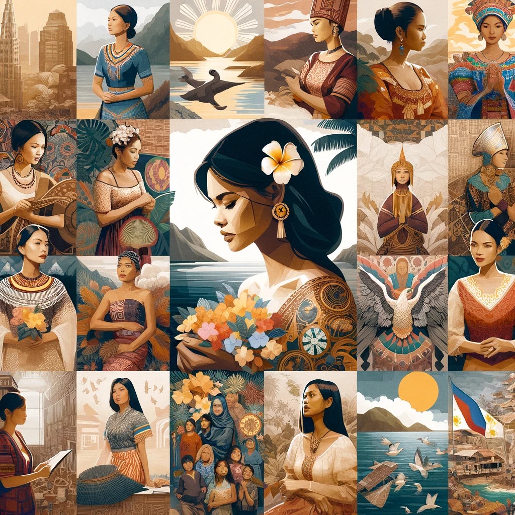 Cette image est un collage célébrant la beauté et la diversité des femmes philippines, montrant des éléments symboliques de la culture philippine et un éventail de femmes portant des vêtements traditionnels et modernes.