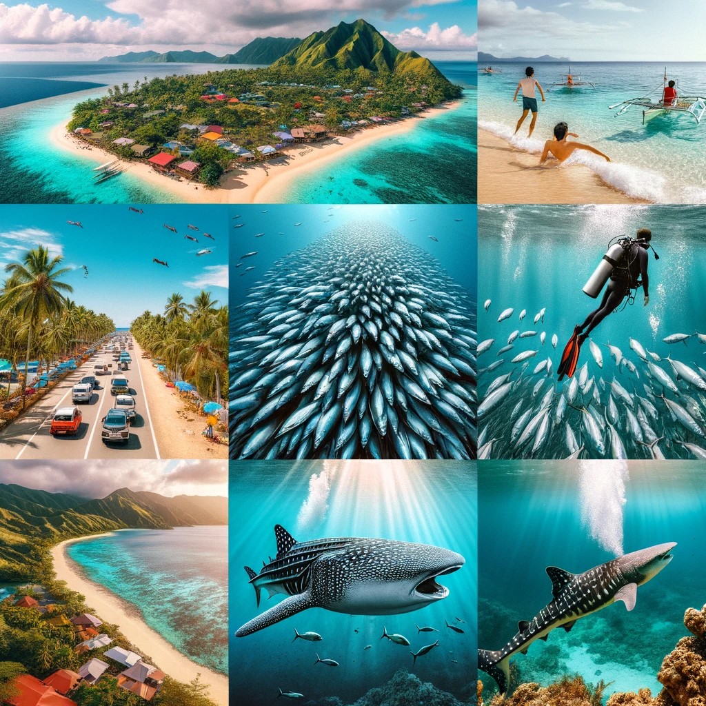 Cette image est un collage qui montre visuellement les meilleurs endroits pour plonger aux Philippines, y compris les magnifiques plages de l'île de Bohol, un essaim de sardines et l'expérience palpitante de la plongée avec les requins-baleines à Puerto Galera.