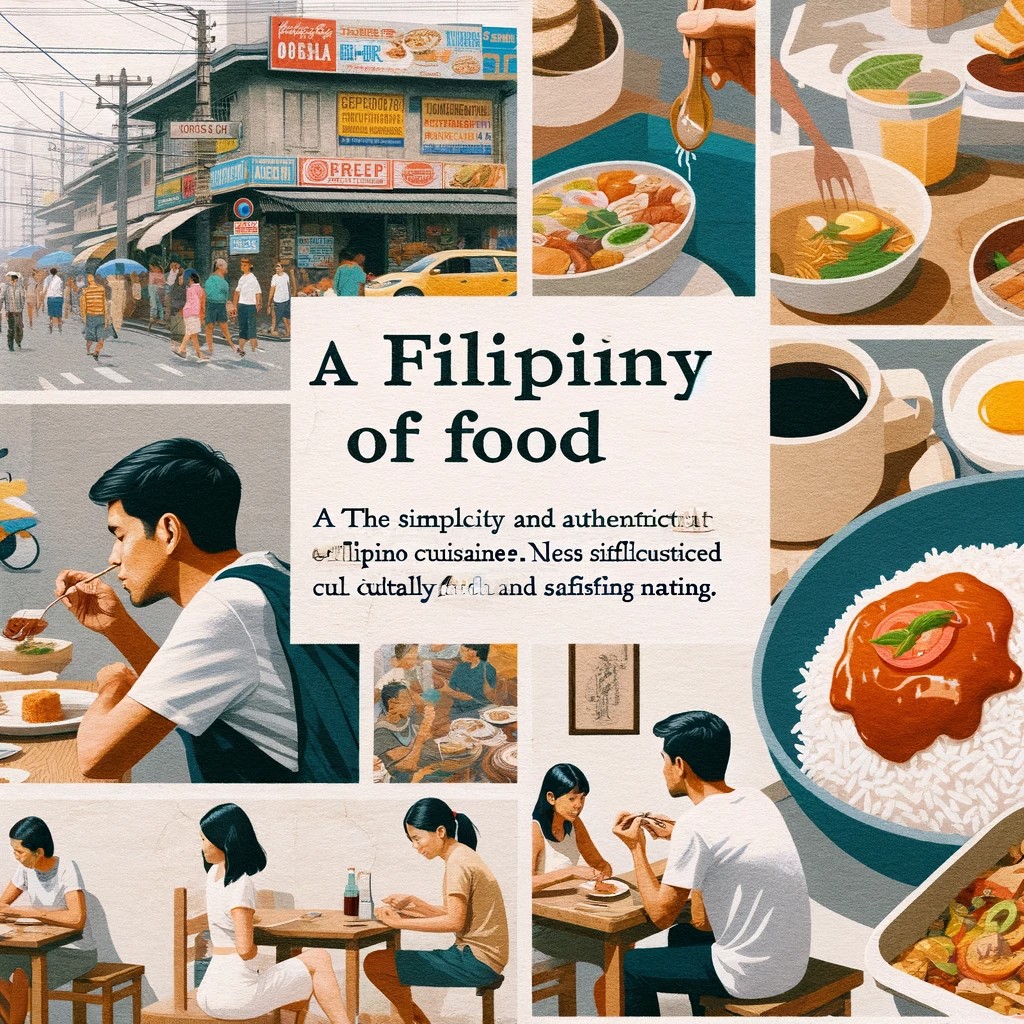 Cette image est un collage illustrant la simplicité et l'authenticité de la cuisine philippine, mettant en valeur un café typique au coin d'une rue où les gens dégustent des plats simples mais savoureux, en mettant l'accent sur le riz comme élément central.