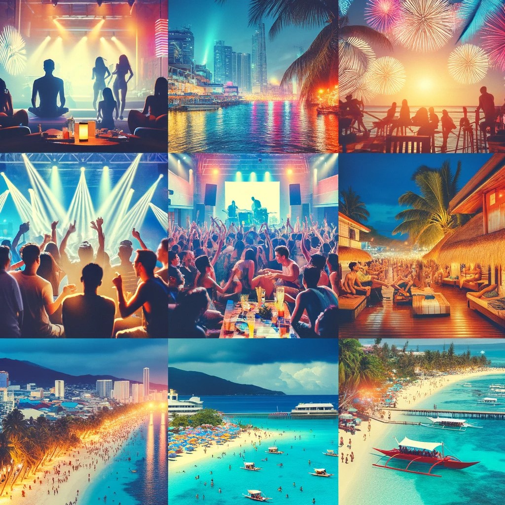 Cette image est un collage montrant une fête de plage animée aux Philippines, capturant la musique et l'atmosphère festive, symbolisant la vie nocturne amusante et accessible recommandée par les habitants du pays.