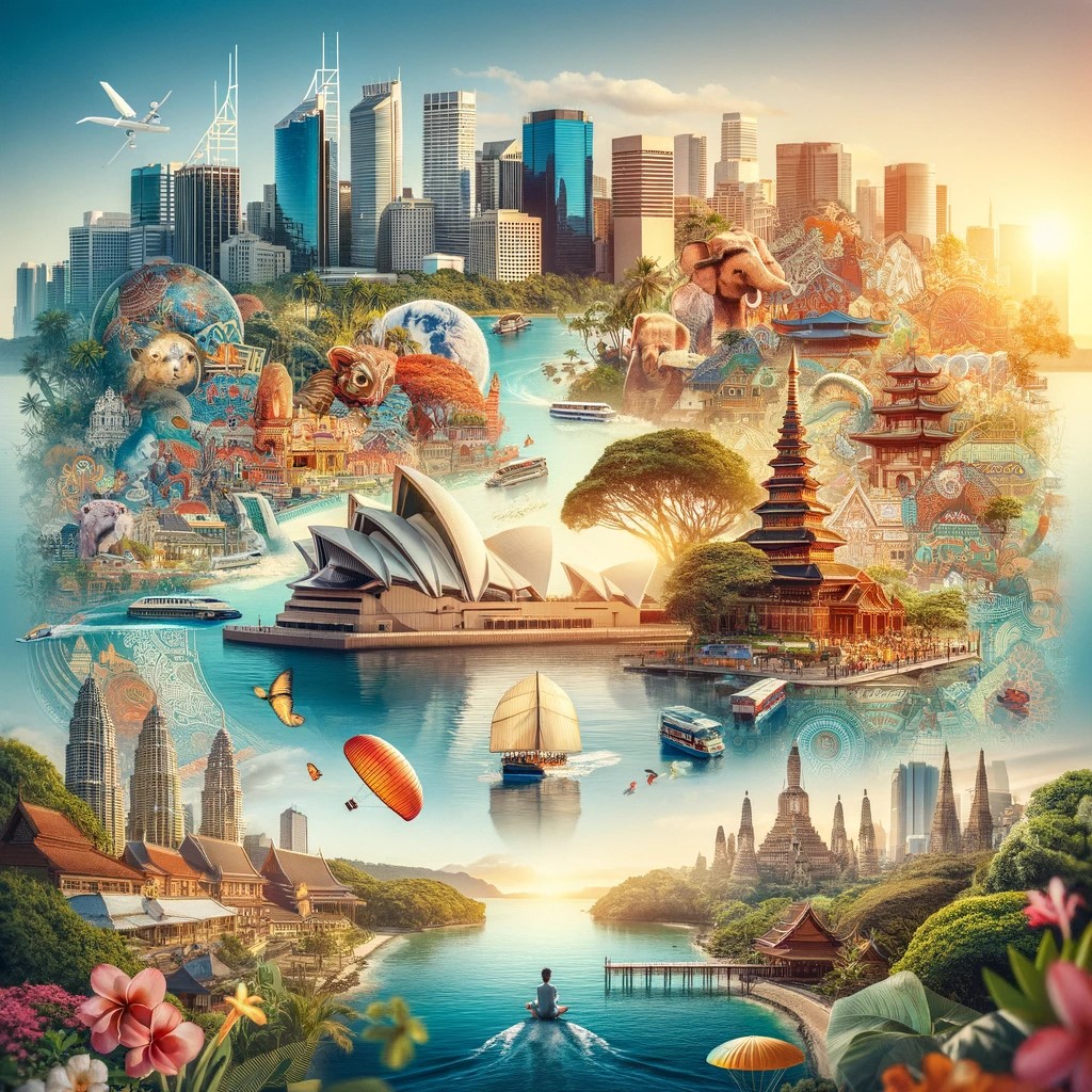the image that captures the essence of your global journey, from the majesty of Oceania to the cultural richness of Southeast Asia. This illustration reflects the diversity of the destinations you've explored, showing both iconic natural landscapes and vibrant urban cities.