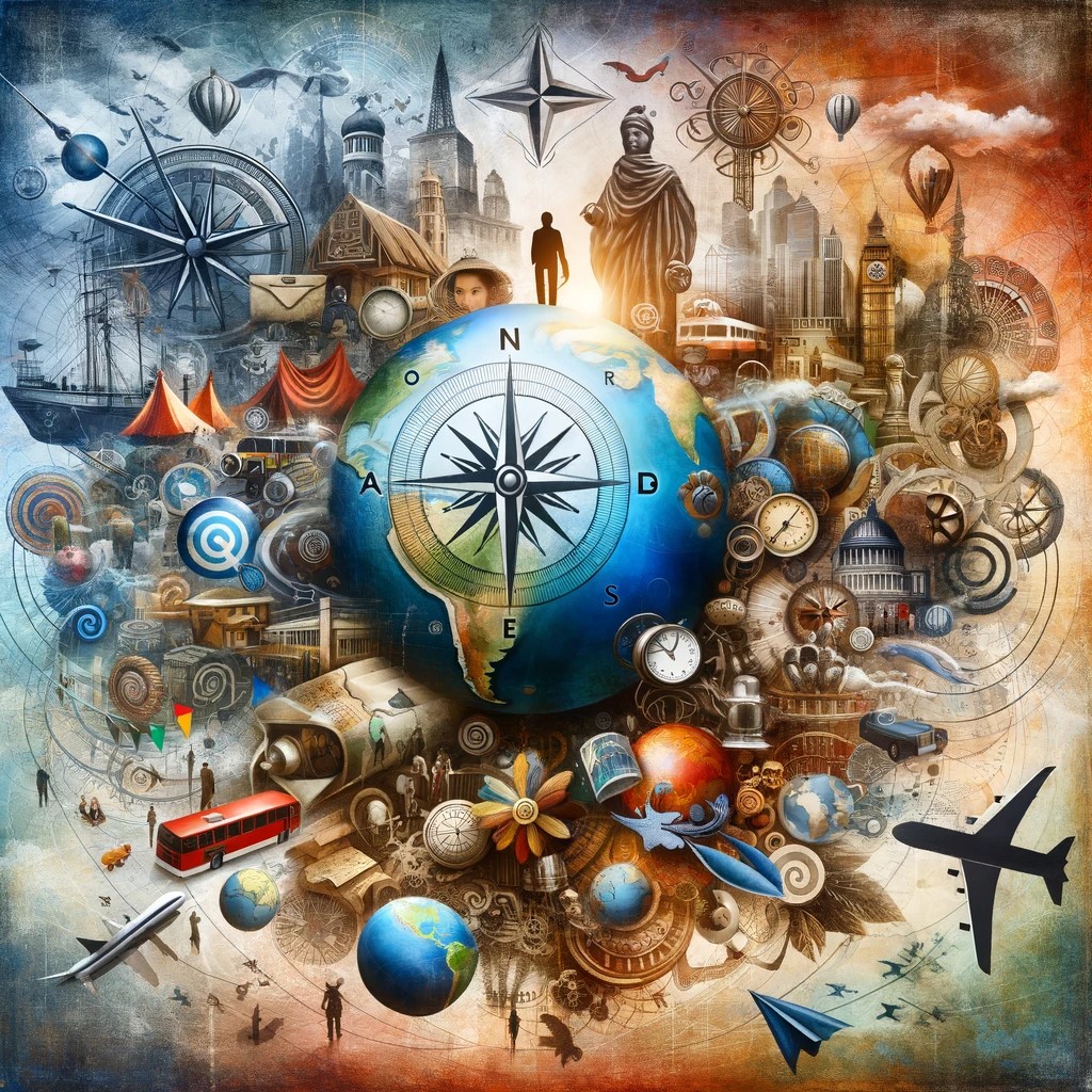 the image that symbolizes the essence of your global travel experiences. This illustration captures the diversity and richness of your adventures, showing symbolic elements that reflect the vastness and diversity of the world you have explored.