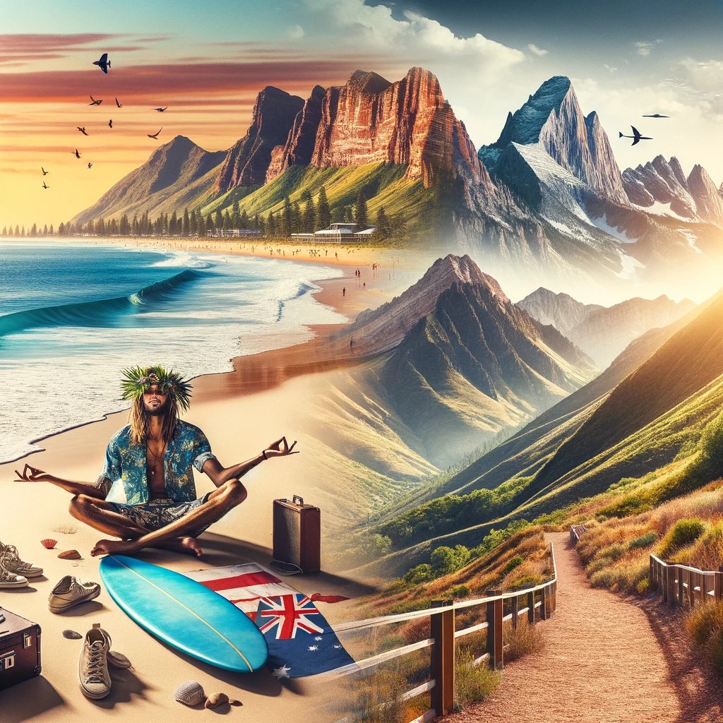 the relaxed beach of Byron Bay in Australia and the mountainous landscapes of Utah in the United States. This illustration reflects the contrast between the laid-back lifestyle of the beach and the adventurous spirit of mountain exploration.