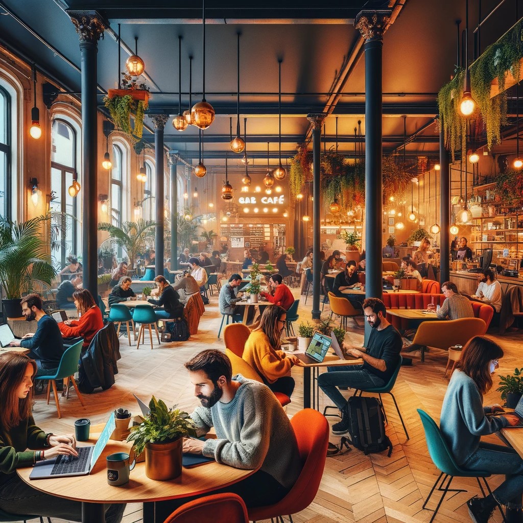 L'image montre le "GAB Café", un espace de coworking coloré et accueillant, rempli d'entrepreneurs et de créatifs qui travaillent sur leur ordinateur portable et participent à des discussions animées. L'atmosphère est décontractée et conviviale, avec des sièges confortables, des plantes en pot et un éclairage lumineux et accueillant. Le design intérieur du café est moderne et épuré, avec une touche de charme rustique, capturant l'essence d'un espace de travail créatif et collaboratif à Montréal.