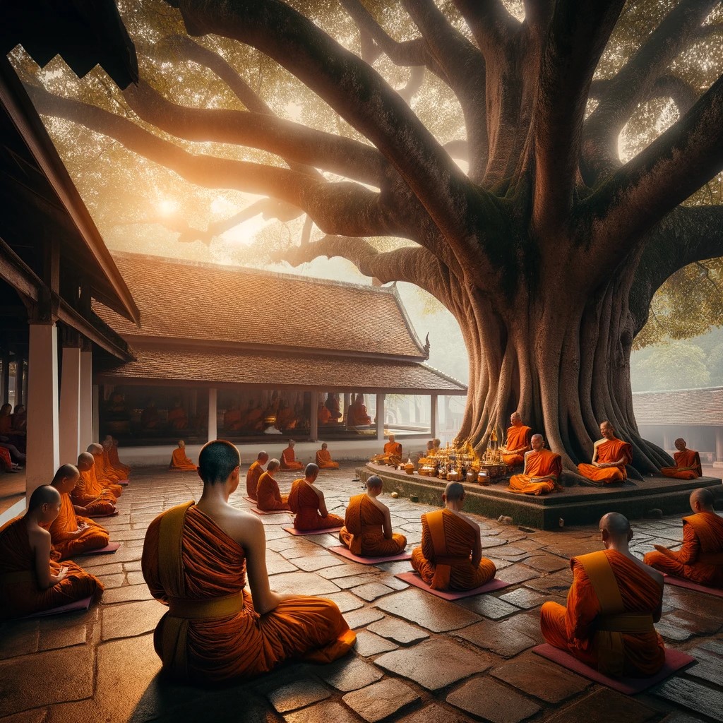 La imagen muestra una escena tranquila en un monasterio budista en Tailandia. Se observa a monjes en túnicas azafrán meditando bajo un gran árbol antiguo. El monasterio es sencillo pero elegante, con arquitectura tradicional tailandesa. La atmósfera es serena, reflejando la profunda conexión espiritual y la importancia del budismo en la cultura tailandesa. Esta imagen transmite la sensación de paz y devoción que se encuentra en las prácticas budistas tailandesas.