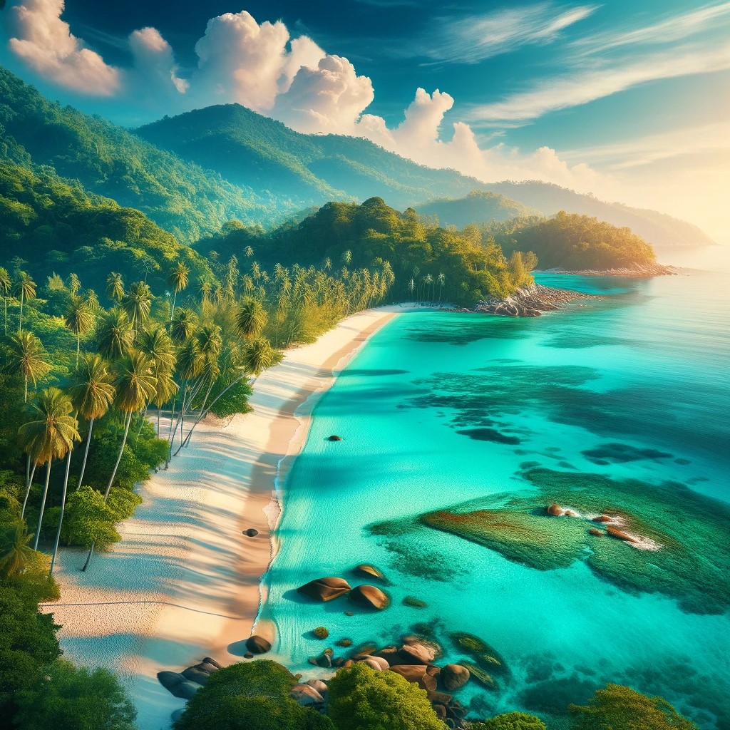 La imagen muestra un paisaje impresionante de una playa tropical en Tailandia. Podemos ver aguas turquesas, playas de arena blanca y palmeras frondosas. Esta escena serena e invitadora captura la belleza natural y la tranquilidad de la costa tailandesa, reflejando la esencia de por qué la gente se siente atraída a visitar Tailandia.


