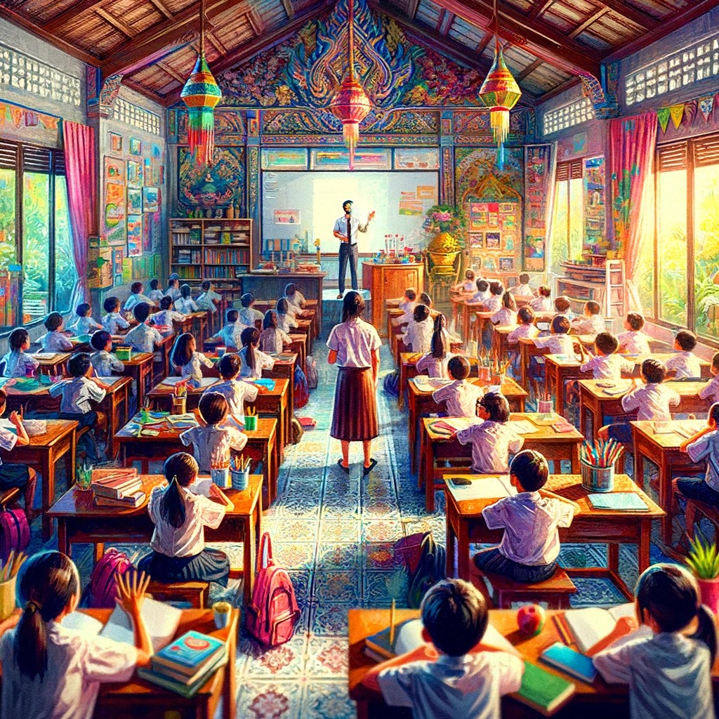La imagen muestra un aula vibrante en Tailandia. En ella, estudiantes de diversas edades están comprometidos con el aprendizaje en un ambiente colorido y bien equipado con materiales educativos. Esta escena refleja la combinación de la cultura tradicional tailandesa con prácticas educativas modernas, transmitiendo un sentido de entusiasmo y diversidad en el sistema educativo tailandés.