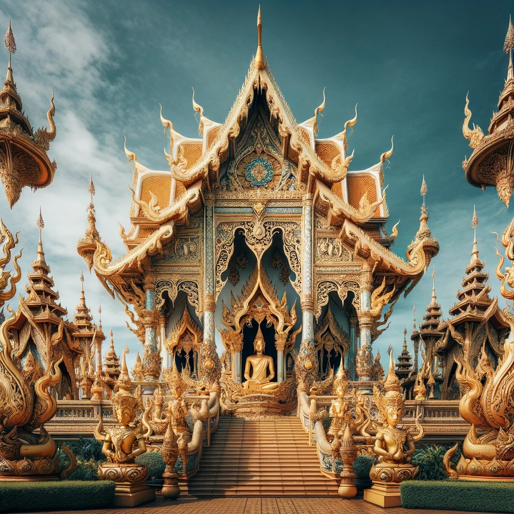 Esta imagen muestra un templo tailandés con diseños dorados intrincados y estatuas, ubicado bajo un cielo azul claro. El templo, con su estilo arquitectónico único de múltiples niveles, pináculos ornamentados y elementos decorativos, refleja la cultura y la historia de Tailandia. Rodeado de exuberante vegetación, el templo emana una atmósfera serena y espiritual, lo que subraya la importancia de la monarquía y la religión en la conformación de la sociedad tailandesa.