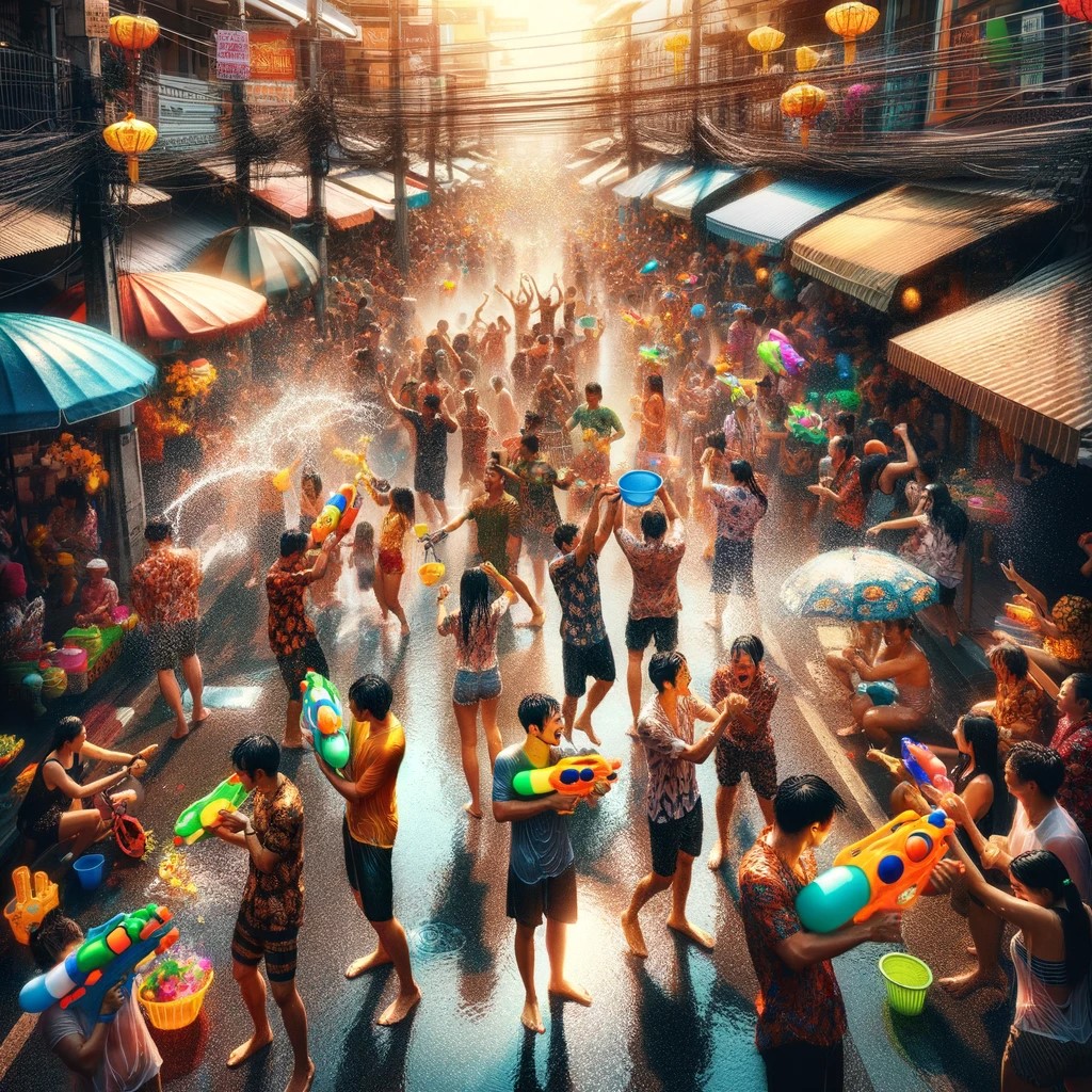 Esta imagen muestra una escena vibrante del festival, con personas participando alegremente en batallas de agua, rociándose mutuamente en las calles llenas de locales y turistas. El ambiente es festivo y animado, con pistolas de agua coloridas, cubos y ropa tradicional tailandesa. Esta escena encapsula la diversión y la importancia cultural del Songkran, reflejando el espíritu de limpieza y renovación que caracteriza la celebración del Año Nuevo tailandés.