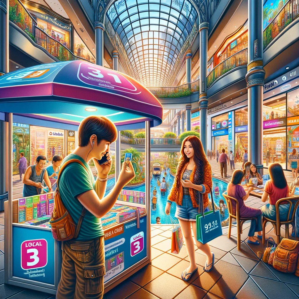 Cette image capture le moment où un voyageur achète une carte SIM locale dans un centre commercial thaïlandais. L'environnement animé du centre commercial reflète l'atmosphère vibrante et diversifiée de la Thaïlande, soulignant à quel point il est facile et pratique pour les voyageurs de rester connectés pendant leur séjour.