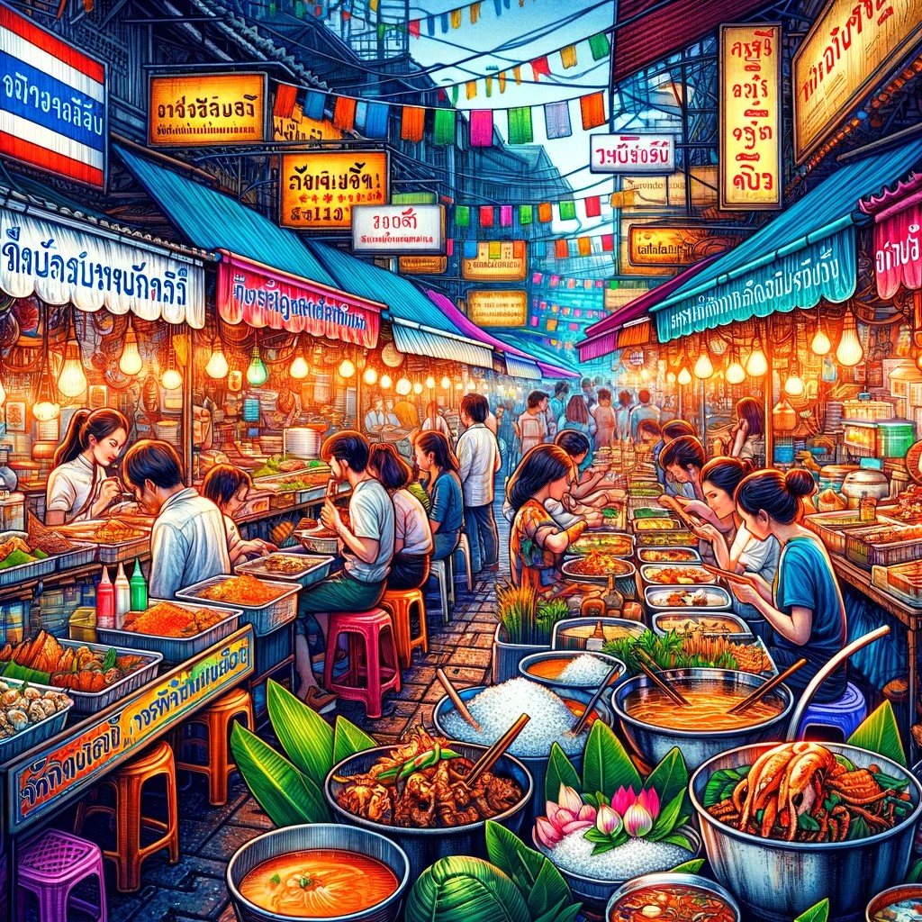 Cette image illustre le dynamisme de la cuisine de rue thaïlandaise, véritable paradis culinaire. Chaque échoppe offre une explosion de saveurs et d'arômes, les habitants et les touristes se délectant de la diversité et de la richesse de la cuisine thaïlandaise. C'est une fête pour les sens, où chaque bouchée vous rapproche du cœur de la Thaïlande.
