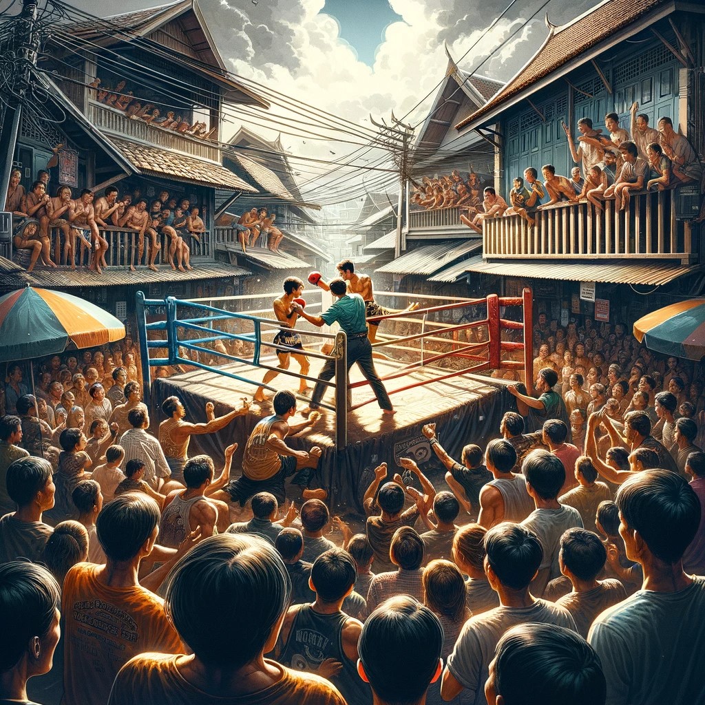 Cette image illustre l'excitation et l'intensité d'un combat de Muay Thai à Chiang Mai. Dans un coin intime de la ville, un petit ring devient le centre de l'action, entouré d'une foule passionnée. La scène capture l'essence du Muay Thai, un sport qui est à la fois un spectacle et une partie intégrante de la culture thaïlandaise.