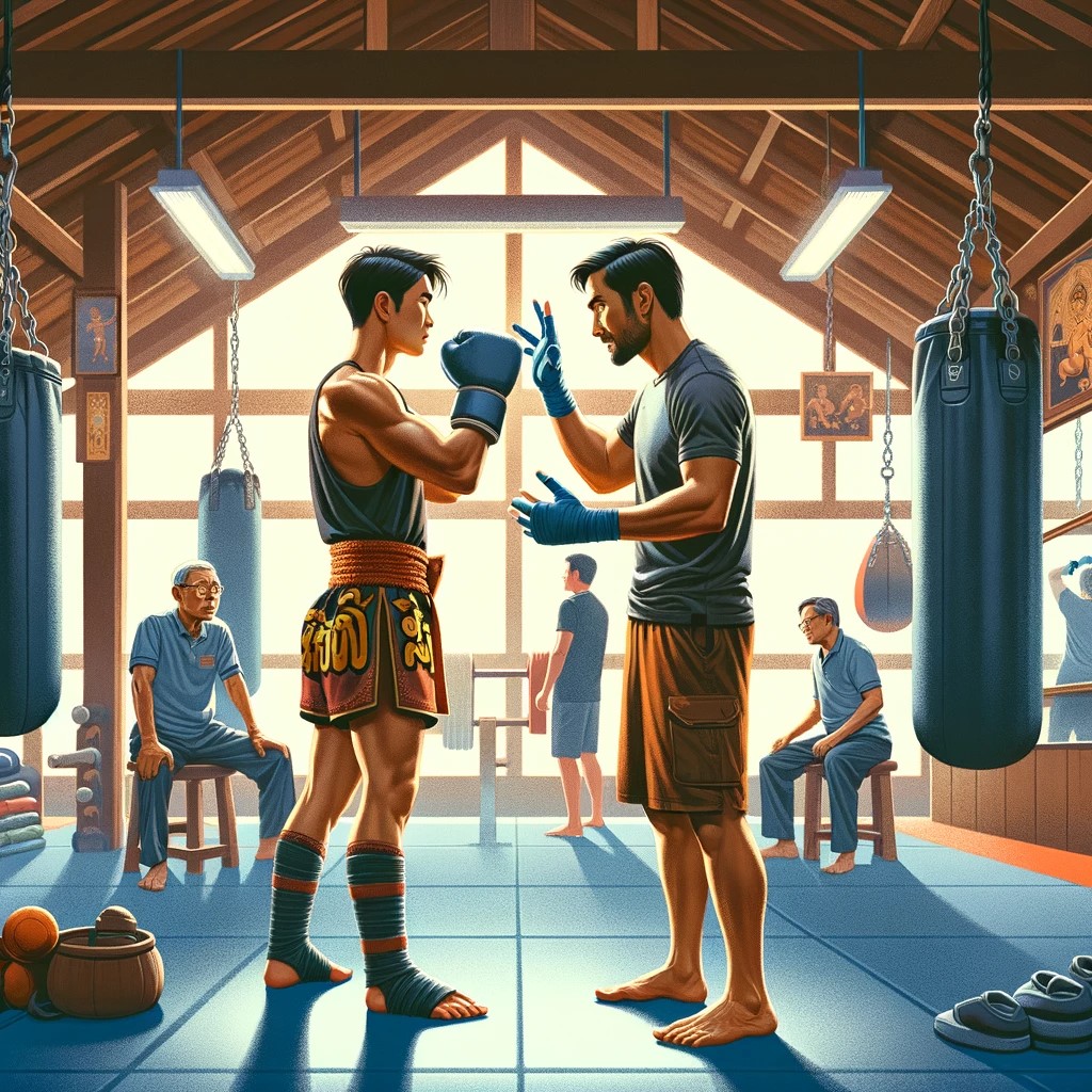 Cette image illustre l'intensité et l'engagement de l'apprentissage du Muay Thai dans une salle de sport thaïlandaise. Le stagiaire, concentré, suit attentivement les instructions de l'entraîneur. La salle de sport, équipée de tout le nécessaire pour l'entraînement, est le cadre idéal pour s'immerger dans cette partie fascinante de la culture thaïlandaise.