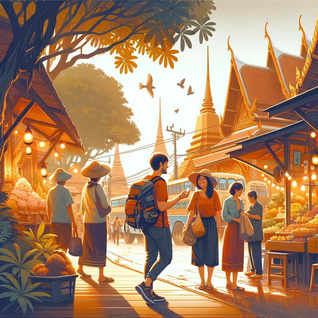 Cette image capture l'essence même du voyage en solitaire en Thaïlande. Un voyageur sac au dos s'immerge dans la culture thaïlandaise, explorant les marchés animés et les temples sereins. Entouré d'un environnement sûr et accueillant, le voyageur se sent détendu et heureux, profitant de la riche expérience culturelle que la Thaïlande a à offrir.