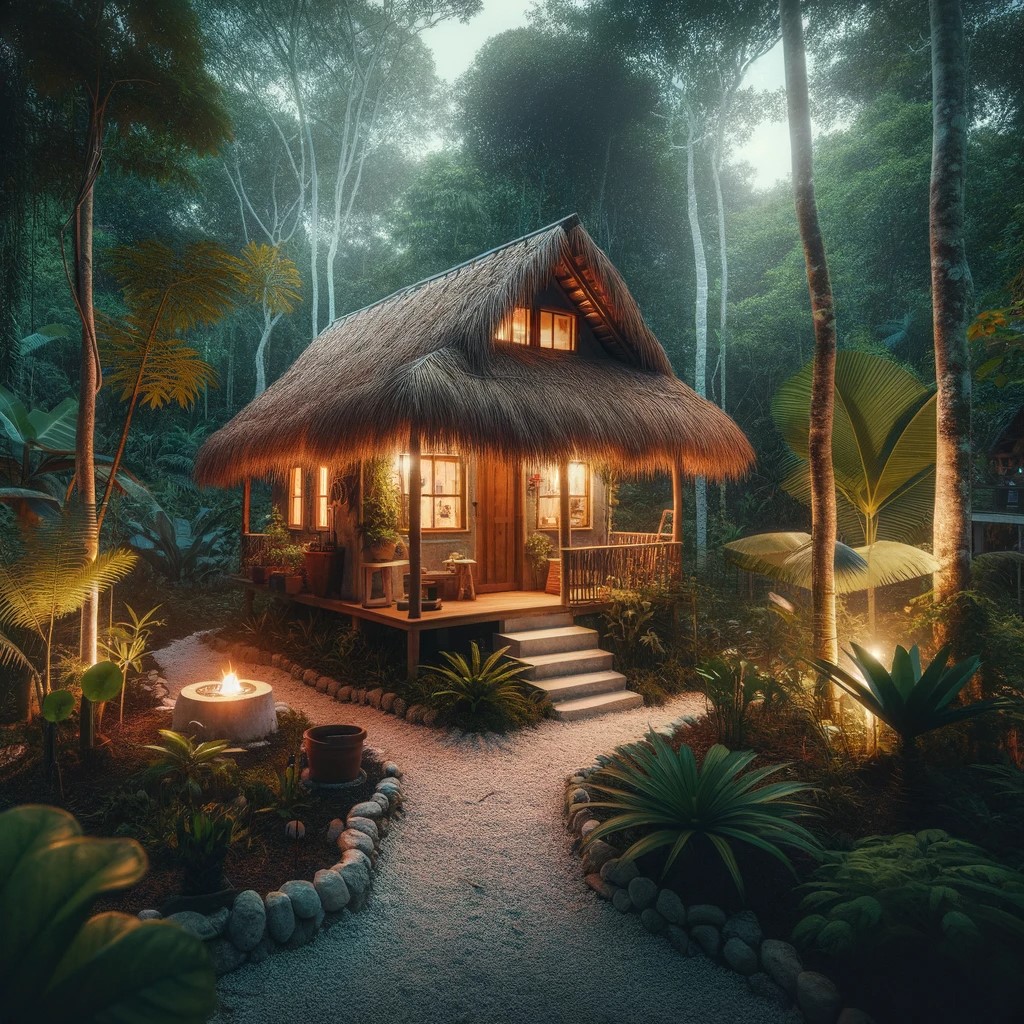 The picture shows our little house, a magical place that stands out for its simplicity and harmony with the environment. The palapa roof, a traditional Mayan style made with dry leaves, gives it a rustic and authentic look. This house is surrounded by dense tropical vegetation, with a small path leading to it and a campfire nearby, creating a serene and inviting atmosphere.