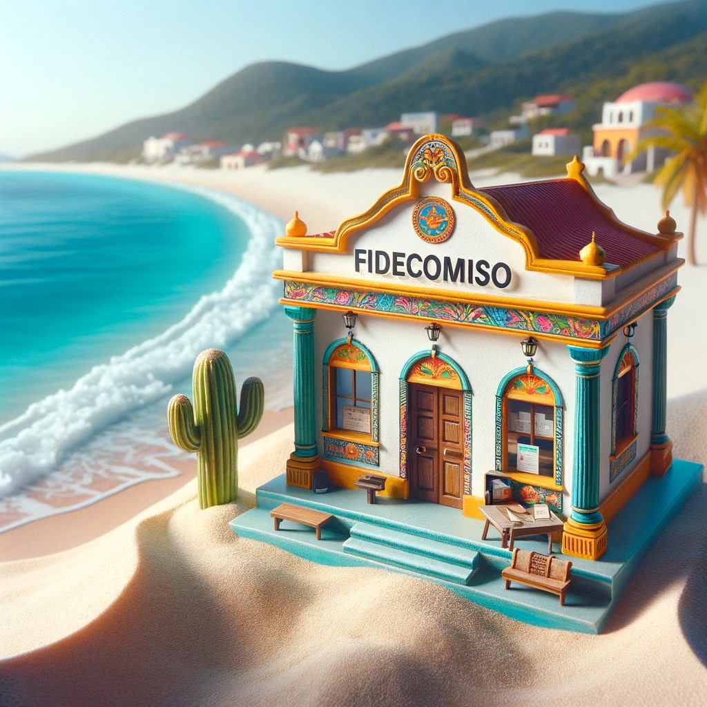 The image shows a traditional Mexican bank with a colorful and cozy design, located near a beautiful Mexican beach with white sand and crystal clear waters. The scene conveys a sense of tranquility and possibility, symbolizing the starting point for foreigners establishing a trust to purchase land in Mexico. The bank is depicted as friendly and inviting, illustrating the ease and accessibility of the fideicomiso process for foreigners.